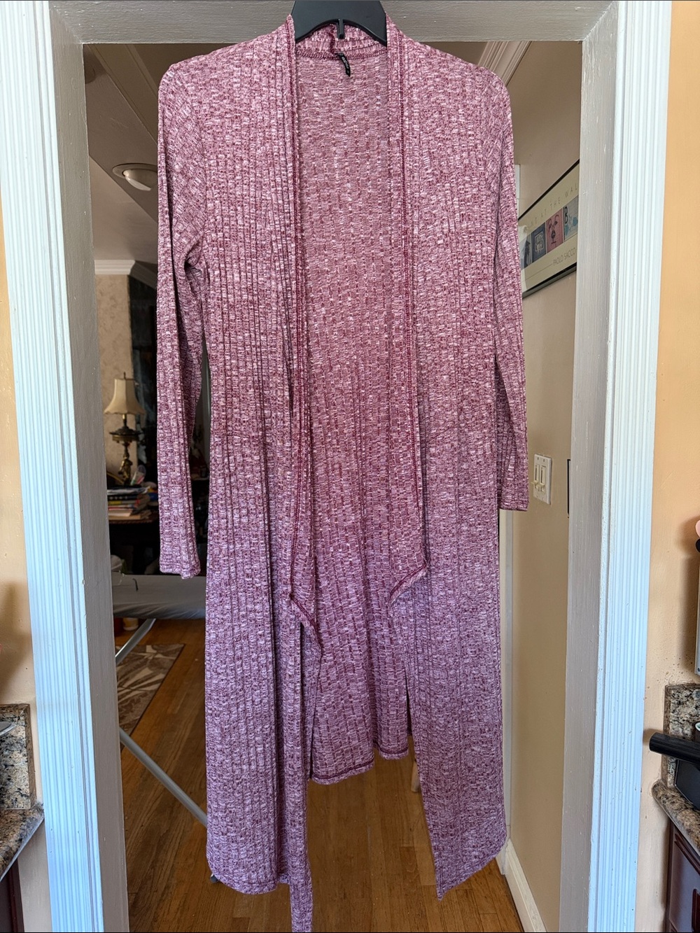 Heathered Rose Long Ribbed Open Cardigan with Tie